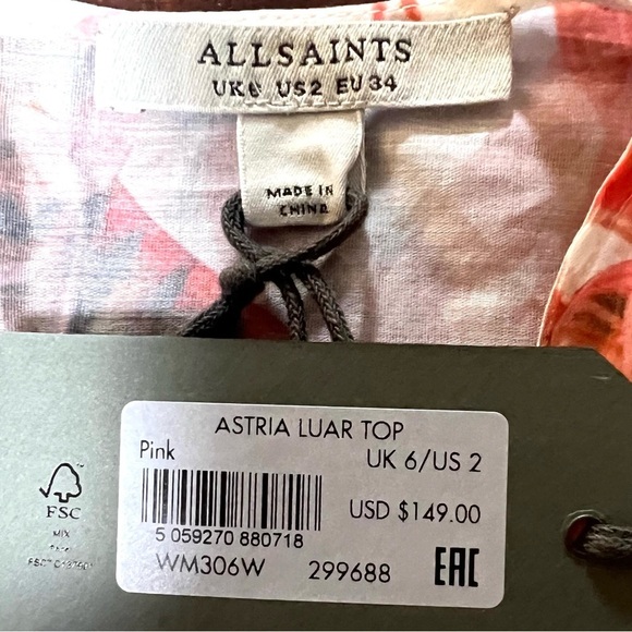 ALLSAINTS Astria Luar Top Sheer Tropical Cropped Pink Blouse Size 2 NWT - Picture 11 of 14